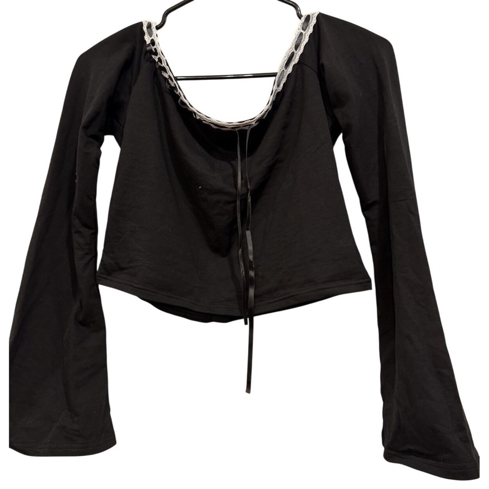 Edikted Off The Shoulder Bell Sleeve Lace Ribbon Trim Crop Top Black‎ SZ L